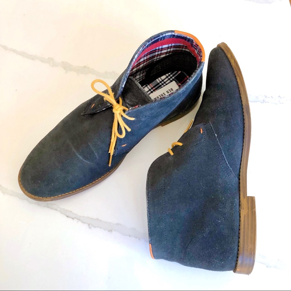 Ben Sherman Navy Suede Chukka Boots with Tan Laces